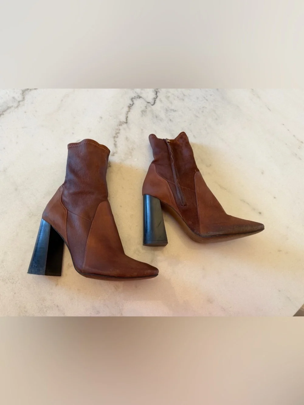 Brown Leather Ankle Boots Block Heel Pointed Toe Booties Chic Minimalist Style